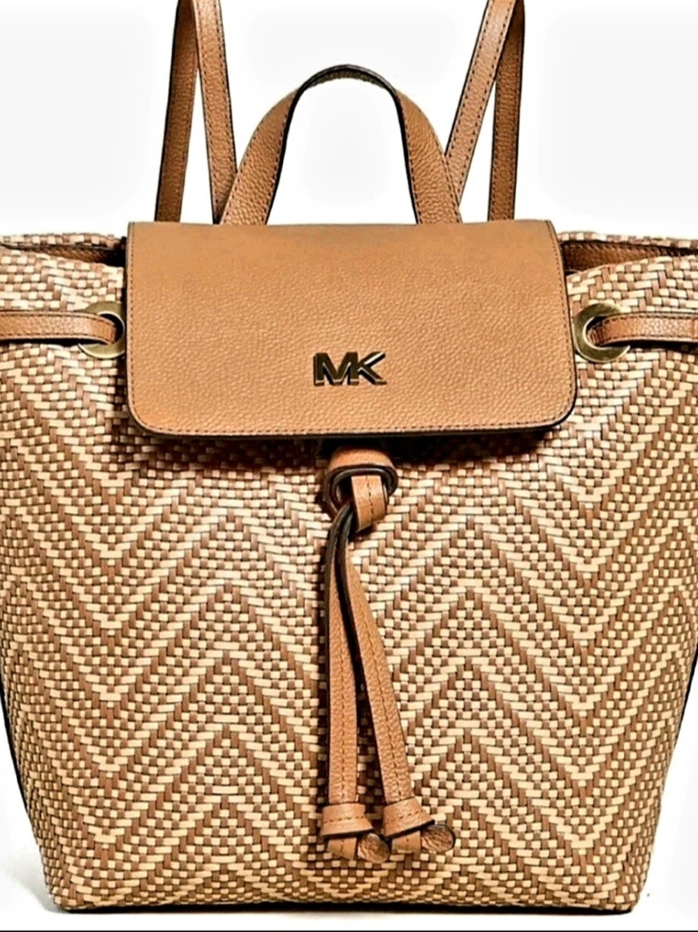 Michael Kors Tan Woven Leather-Trim Backpack